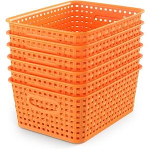 WYT 6-Pack Plastic Small Shelf Storage Weave Baskets Organizing for Cabinets and Pantries, Orange