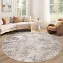 8ft Round Area Rug Living Room Rugs - 8x8 Washable Large Soft Indoor Neutral Modern Abstract Low Pile Rug Carpet for Bedroom Dining Room Farmhouse Home Office - Brown