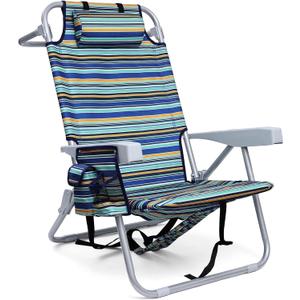 Backpack Beach Chair for Adults, Folding Beach Chair with 4 Positions, Heavy Duty Chair with Large Cooler Pouch Support to 350LBS (Stripes_Blue&Cyan&Yellow)