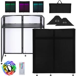 LUCKUP DJ Facade Booth 41"L x 20"W Portable DJ Facade with White & Black Scrim, Foldable DJ Table Station with LED Strips for Party, Black Metal Frame, 41.1"Lx19.7"W with LED strips