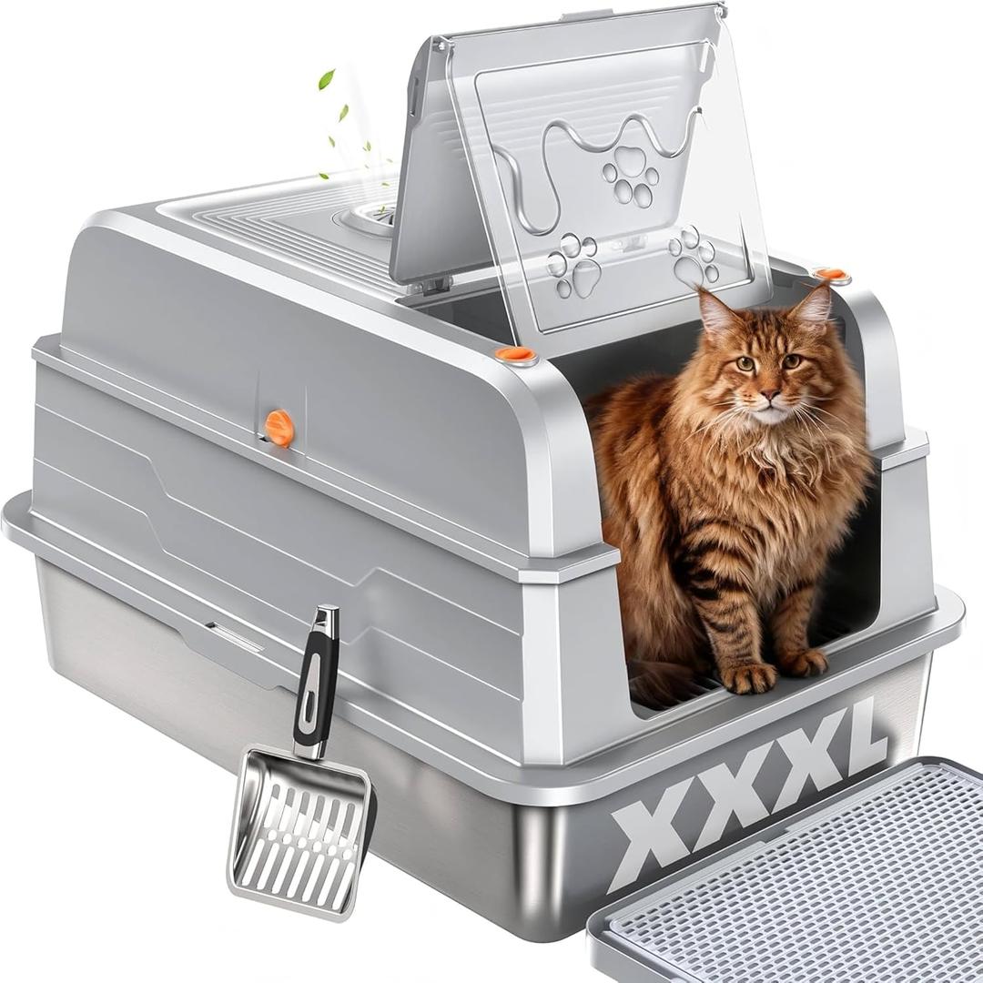 CATLIKE 2025 Upgrade 152L XXXL Stainless Steel Cat Litter Box - 3-Layer Urine Leak-Proof, Enclosed Design w/Charcoal Filter for Maine Coon & Multi-Cat Homes, Includes Metal Scoop & Mat (Silver Light Grey)