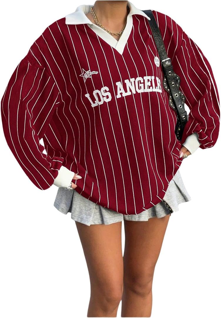 SOLY HUX Women's Oversized Tees Striped Letter Print Y2k Jersey T Shirt Collar V Neck Long Sleeve Loose Tops (Medium)