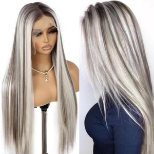 SAPPHIREWIGS Straight Synthetic Lace Front Wigs for Women Ombre Platinum Blonde Wigs with Brown Highlight Glueless 136 Long Silky Straight Wig Pre-plucked Hairline Daily Use 26 Inches
