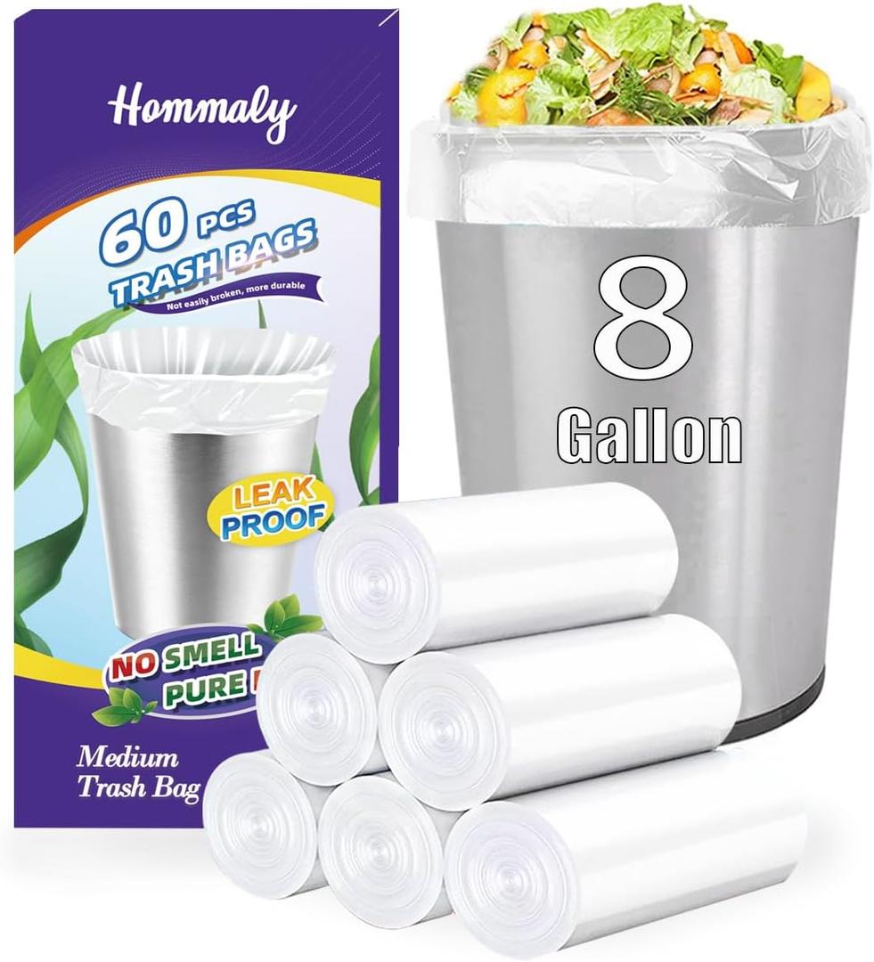 8 Gallon 60pcs Medium Clear Trash Bags Strong Clear Garbage Bags, Bathroom Trash Can Bin Liners, Plastic Bags for Office Home Kitchen, Waste Basket Liner, Fit 30 Liter, 7,8 Gal(8G60-Clear)