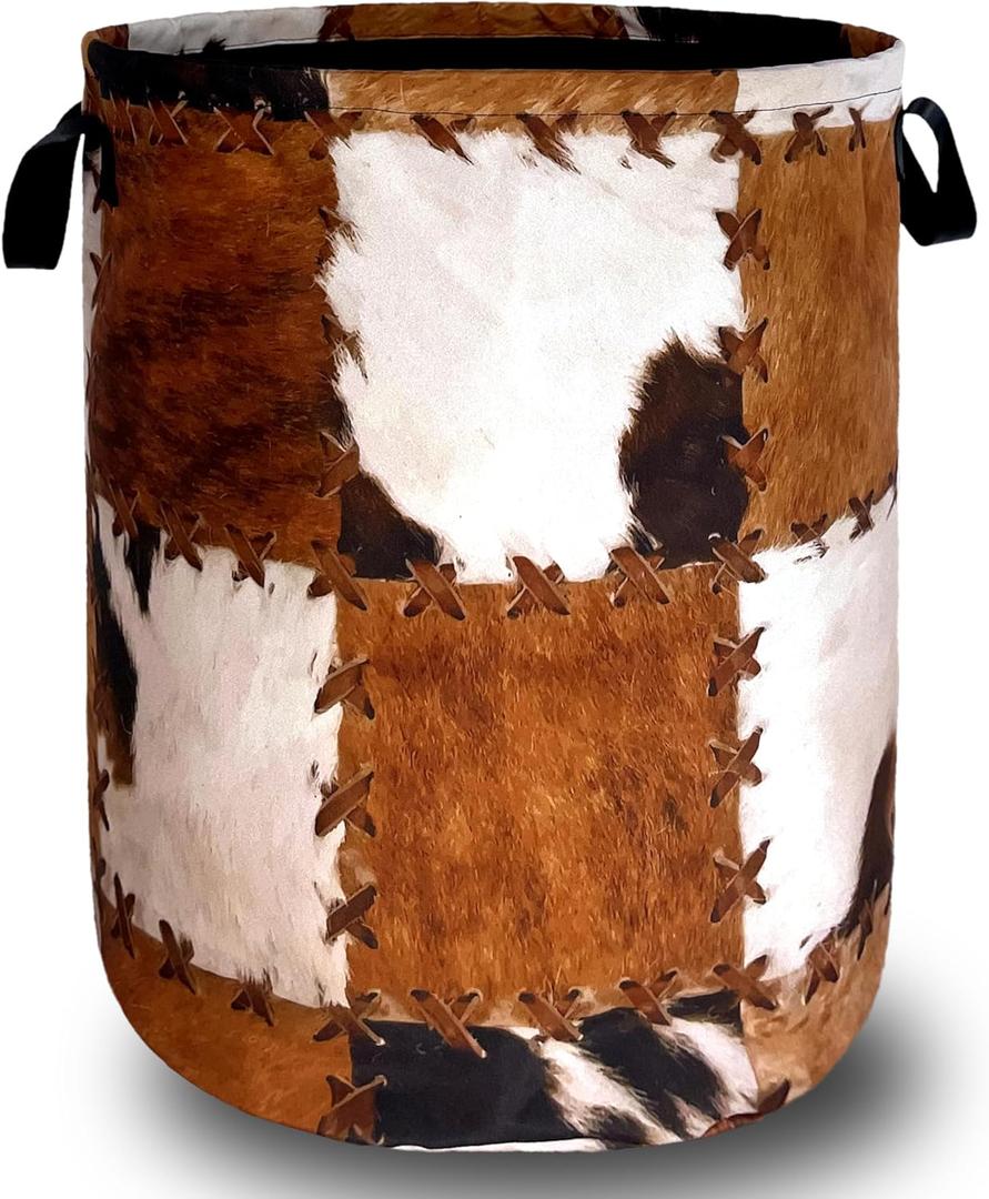 Retro Cows Print Laundry Basket Cow Cowhide Brown Funny Laundry Hamper Foldable Oxford Cloth Animal Tote Bag Clothe Toy Storage Bucket 18.9"x16.5"For Bathroom/Laundry Storage/Bedroom