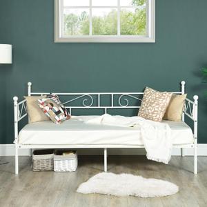 Twin Size Daybed Frame, Day Bed White Metal Daybed Frame with Headboard, Mattress Platform Base Box Spring Replacement Sofa Bed for Living Room Guest Room/Style S/White