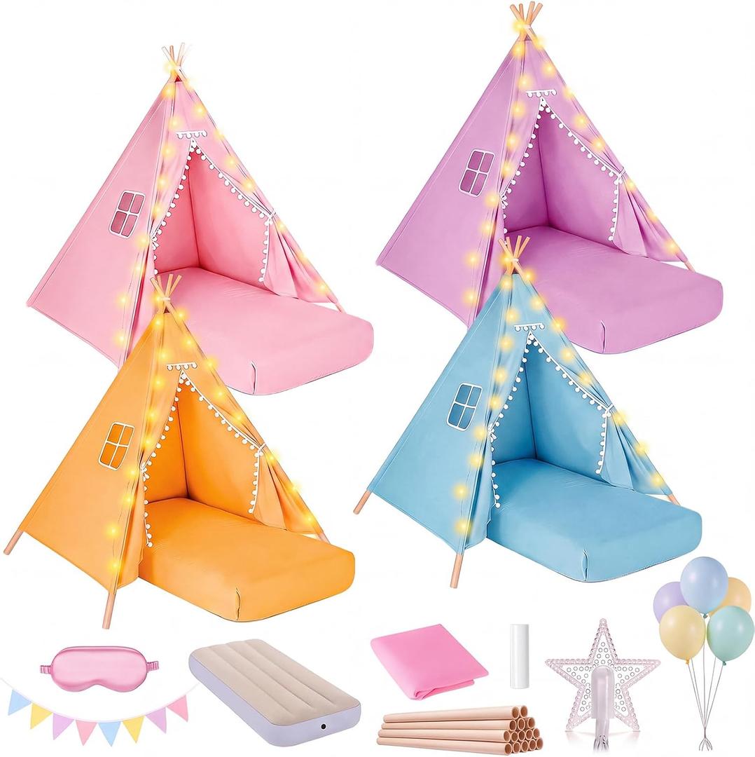 4 Pack Teepee Tent with Air Mattress, Sleeping Bag, Star Lights & Banner, 64 x 28 x 8.7 inches