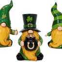 Valery Madelyn St Patricks Day Gnome Figurines, Set of 3 Irish Leprechaun Decor with Shamrocks, Pot of Gold, and Beer Mug, Medium Green White Resin St Patricks Gnome Gifts for Table Tiered Tray Decor