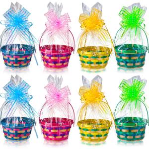 Weysat 8 Sets Bamboo Easter Basket Bulk Set Handle Round Woven Transparent Bag Wrapping Bow Bunny Wrap Glass Paper Egg Hunt Party Supplies (Classic)