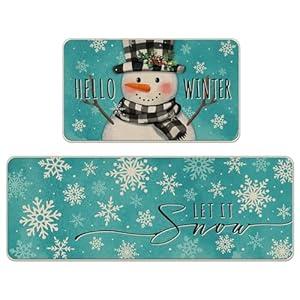 Tailus Hello Winter Snowman Blue Teal Kitchen Rugs Set of 2, Let It Snow Snowflakes Buffalo Kitchen Mats Decor, Christmas Holiday Seasonal Floor Door Mat Home Decorations -17x29 and 17x47 Inch