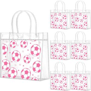 Wesnoy 20 Pcs Sport Party Favor Soccer Goodie Gifts Bags with Handles Reusable Sport Themed Treat Bags for Candy Birthday Party Supplies 8 X 8 X 3.15'' (Pink Soccer)