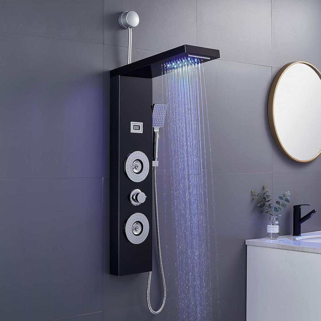 ROVOGO Retrofit Shower Panel with LED Rain Shower, 2 Body Jets and Handheld, Easy Connect Stainless Shower Tower Column with Temperature Display, Black (NOT INCLUDE ROUGH-IN VALVE)