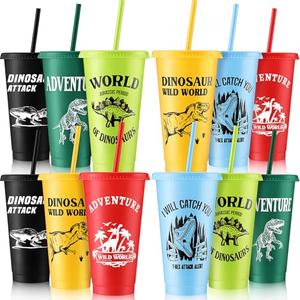 Mifoci 12 Pcs Dinosaur Party Favor 24 oz Plastic Cup with Lids and Straws Set Kids Reusable Dinosaur Cup Decorations for Beverage Birthday Party Dino Supplies (Colorful)