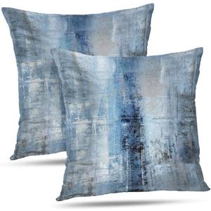 Blue and Grey Abstract Art Artwork Pillow Cover, Gallery Modern Decorative Throw Pillows Cushion Cover for Bedroom Sofa Living Room 24 x 24 Inch Set of 2