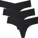 WANDER Seamless Thongs for Women Comfortable No Show Thong Invisible V-waisted Breathable Stretch Panties Underwear 3 Pack (Black, XL)