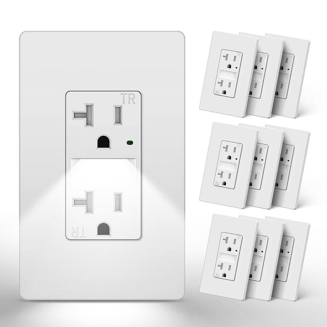 CML 20 Amp Receptacle Outlet with LED Night Light, Dusk to Dawn Guide Lights Electrical Outlets, Tamper-Resistant, Screwless Wall Plate Included, 10 Pack, ETL Listed, White