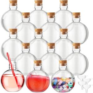 Jinei 15 Packs 8 oz Ball Shape Plastic Sand Art Bottles with Lids Spherical Clear Potion Bottles with Funnel Christmas Cocktail Ornament Candy Jar for DIY Birthday Party(Wooden Cork,Wood Color)