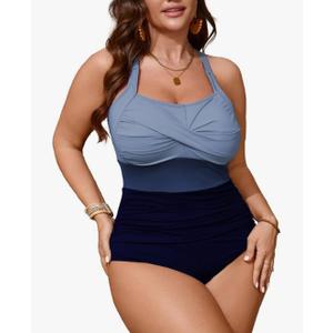 SCOMCHIC Women Plus Size One Piece Swimsuit Tummy Control Bathing Suit Color Block Ruched Swim Suits Swimwear,4XL