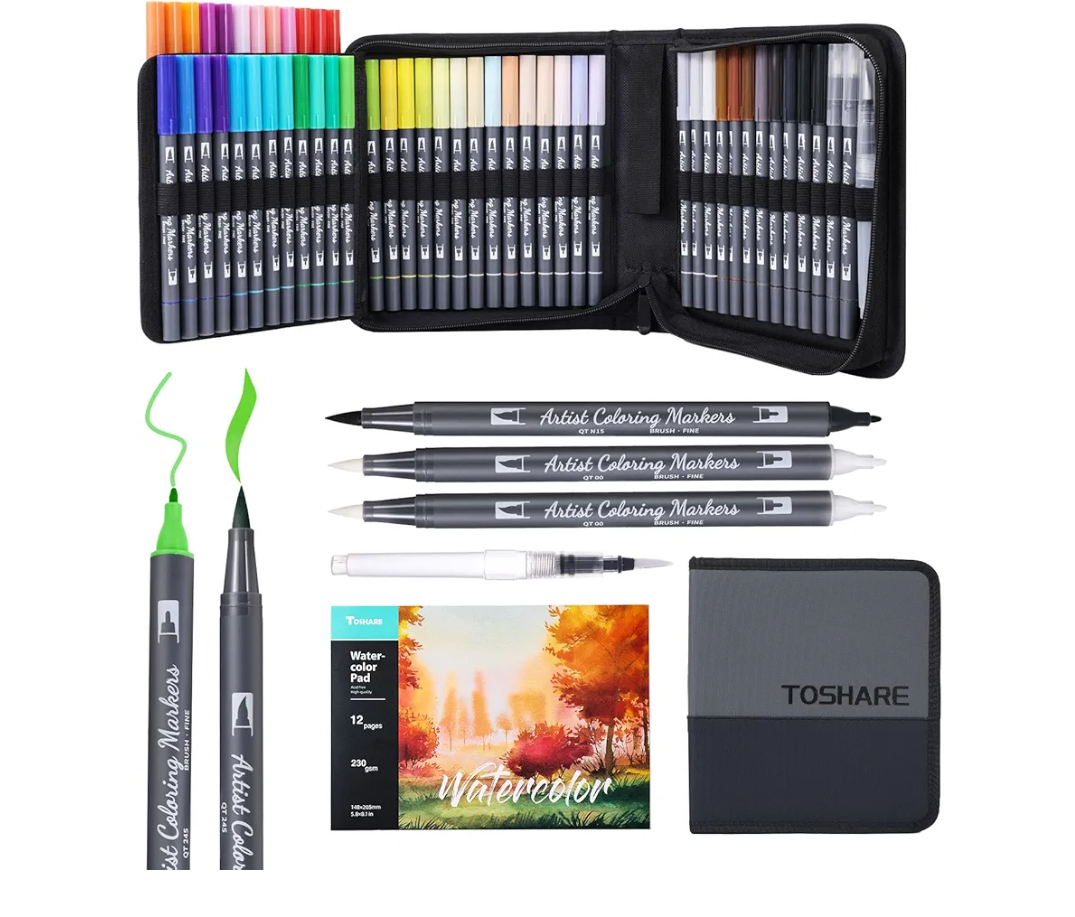 Watercolor Pens Set, 48-Color Dual Tip Paint Markers, Water-Based Coloring Markers with 1 Aquapen, 2 Colorless Blenders, 1 Black Marker, and 12-Page Pad, Paint Supply for Artists & Beginners