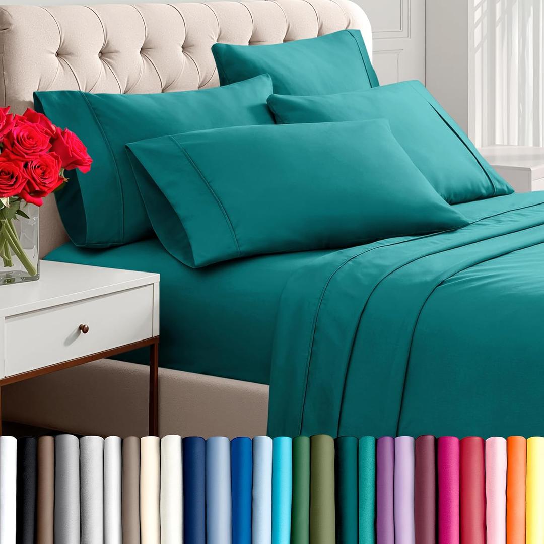 Bare Home Hotel Luxury King Sheet Set, Extra Soft - 6 Piece Set - Deep Pockets - Easy Fit - Cooling & Breathable - Wrinkle, Fade, Stain Resistant - Includes 4 Pillowcases (King, Emerald)