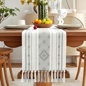 OTOSTAR Grey Table Runner 13x72 Inches Boho Rustic Table Runner with Tassels Farmhouse Kitchen Dining Macrame Table Decoration for Christmas Home Wedding Party Birthday Holiday Decor (Grey)