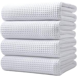 POLYTE 430 GSM Microfiber Oversize Quick Dry Lint Free Bath Towel, 60 x 30 in, 4 Pack (Waffle Weave) (White)