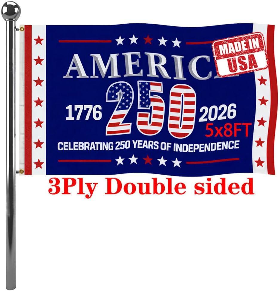 Jayus Double Sided 250th Anniversary American USA Flags 5x8 Outdoor- Vivid Colors 3Ply 1776-2026 250 Years Birthday Patriotic Flags Banners- Heavy Duty 100% Polyester with 3 Brass Grommets