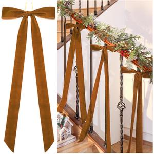 6 Pcs Large Velvet Christmas Bow 10'' x 33'' Pre Tied Velvet Ribbon Bows Wired Christmas Tree Topper for Xmas Garland Home Door Outdoor Decorations(Brown)