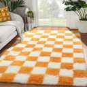 KICMOR 4x6 Rugs for Bedroom Living Room, Orange and Cream White Fluffy Fuzzy Checkered Shag Area Rug Shaggy Bedside Carpet, Furry Plush Soft Rug for Kids Boys Girls Room Nursery Playroom Home Decor (4' x 6', Orange / White)