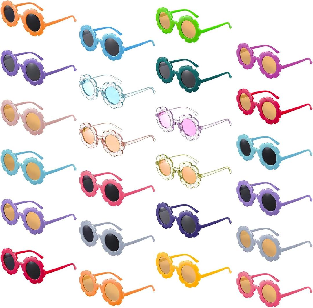24 Pairs Flower Sunglasses Bulk Round Cute Flower Shaped Glasses Groovy Sunglasses Beach Eyewear Party Favors (Bright Colors)