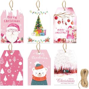 HOWAF 60pcs Pink Christmas Gift Tags, Winter Christmas Gift Wrapping Tags with String for Christmas Holiday Party Supplies, Xmas Decorations Santa Hanging Tags Label DIY Kraft Label Decorations