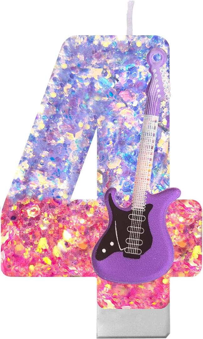 K-Pop Birthday Candle  Purple & Pink Glitter Music Theme Cake Candle with Guitar, Musical Party Decor for Girls, Teens, Kpop Fans (4)