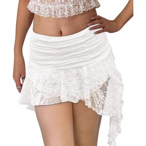 Kolagri Women Y2K Lace Mini Skirt Low Rise Pleated Ruffle Short Skirts Layered Flowy Asymmetrical Fairy Half Slip Skirt (Medium, White)