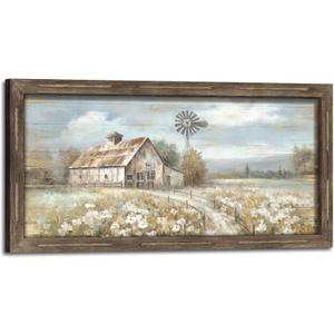 Barn Wall Art Wooden Picture: Farmhouse Windmill Rustic Framed Artwork Country Landscape Painting Farm Rural Print Decorations for Living Room Home (48L" x 24W")