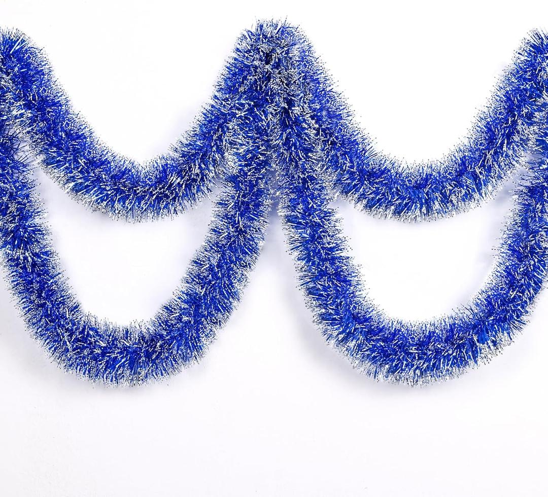 CEWOR 33 Feet Christmas Tinsel Garland Metallic Tinsel Twist Garland Glitter Foil Garland for Christmas Tree Ornaments Hanging Decoration (Royal Blue and Silver)