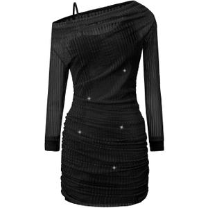 EXARUS Girls Bodycon Dress Ruched Straps Teen Floral Long Sleeve One Shoulder Graduation Dance Mini Mesh Fancy Dresses (Black)