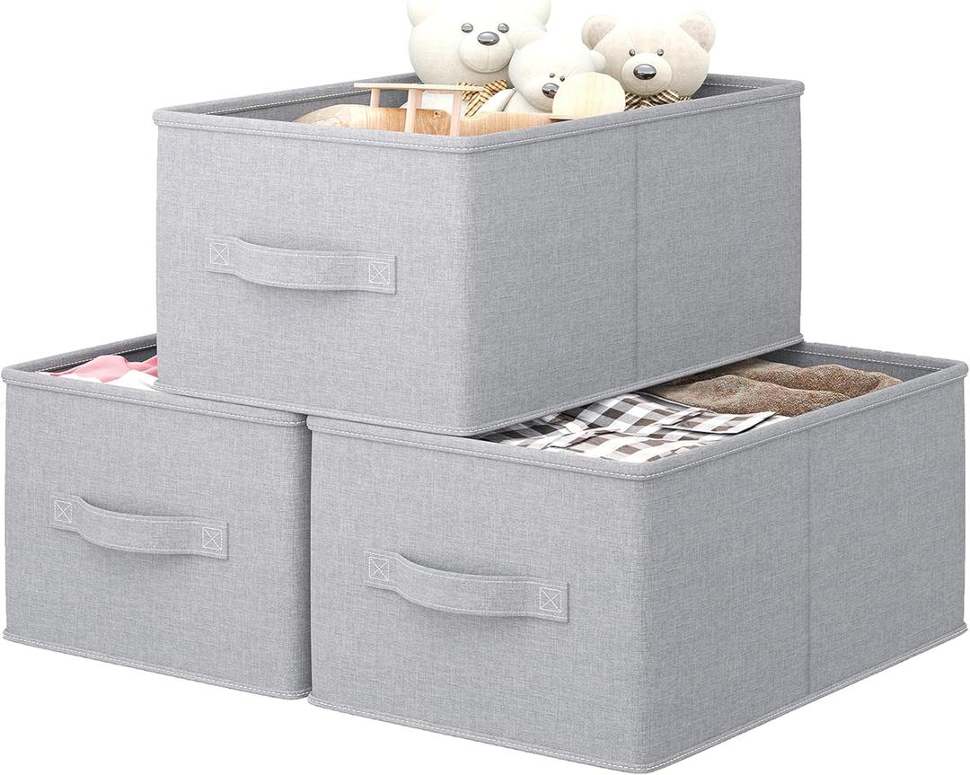 3 Pack Fabric Storage Bins for Shelves | 14.75x10.25x8.25 in Storage Baskets | Fabric Closet Organizers with Handles Home Organization | Linen Clothes Storage Bins | Light Gray (Medium, Light Gray)