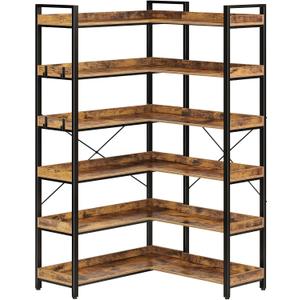 Rolanstar Bookshelf 6 Tier with 4 Hooks, Reversible Corner Bookshelf, 69" Industrial Wooden Bookcase with Open Shelves and Metal Frame for Living Room, Bedroom, Home Office, Rustic Brown