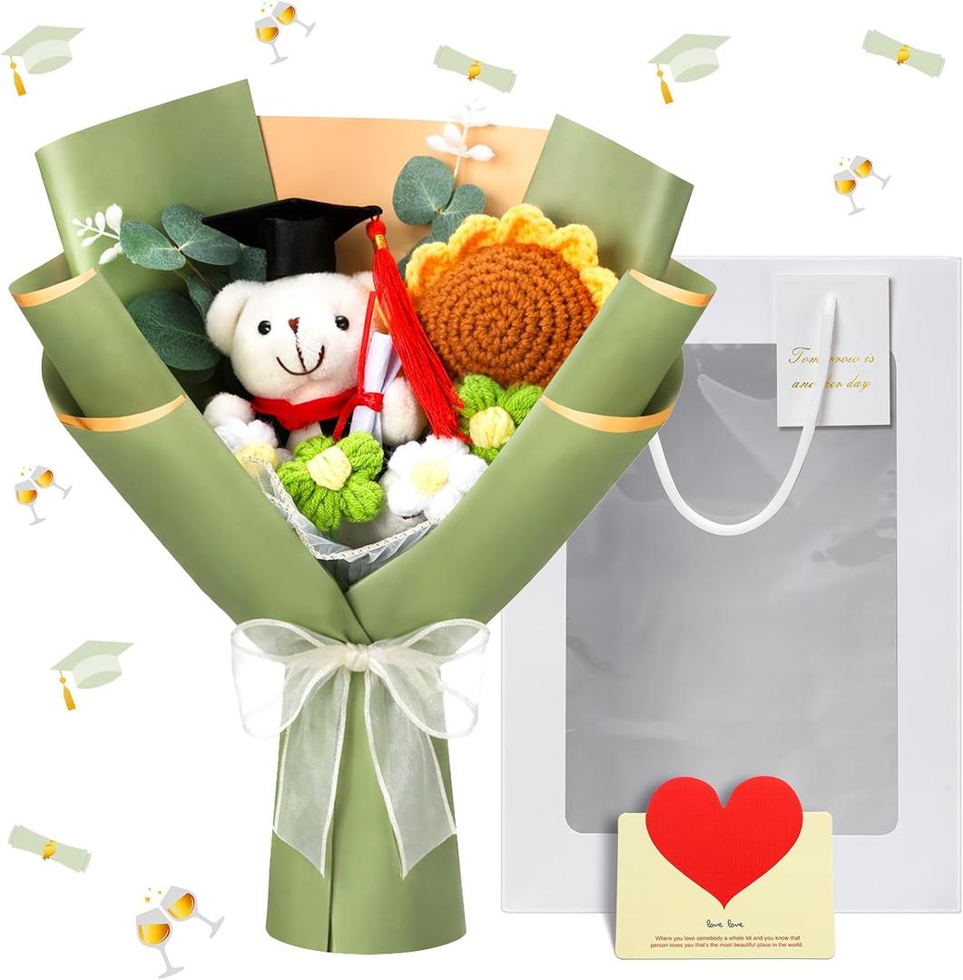Graduation Crochet Flower Bouquet Set Includes Stuffed Bear Knitted Sunflower Daisy Eucalyptus Greeting Card Gift Bag 2026 Green Flower Bouquet Graduation Gift