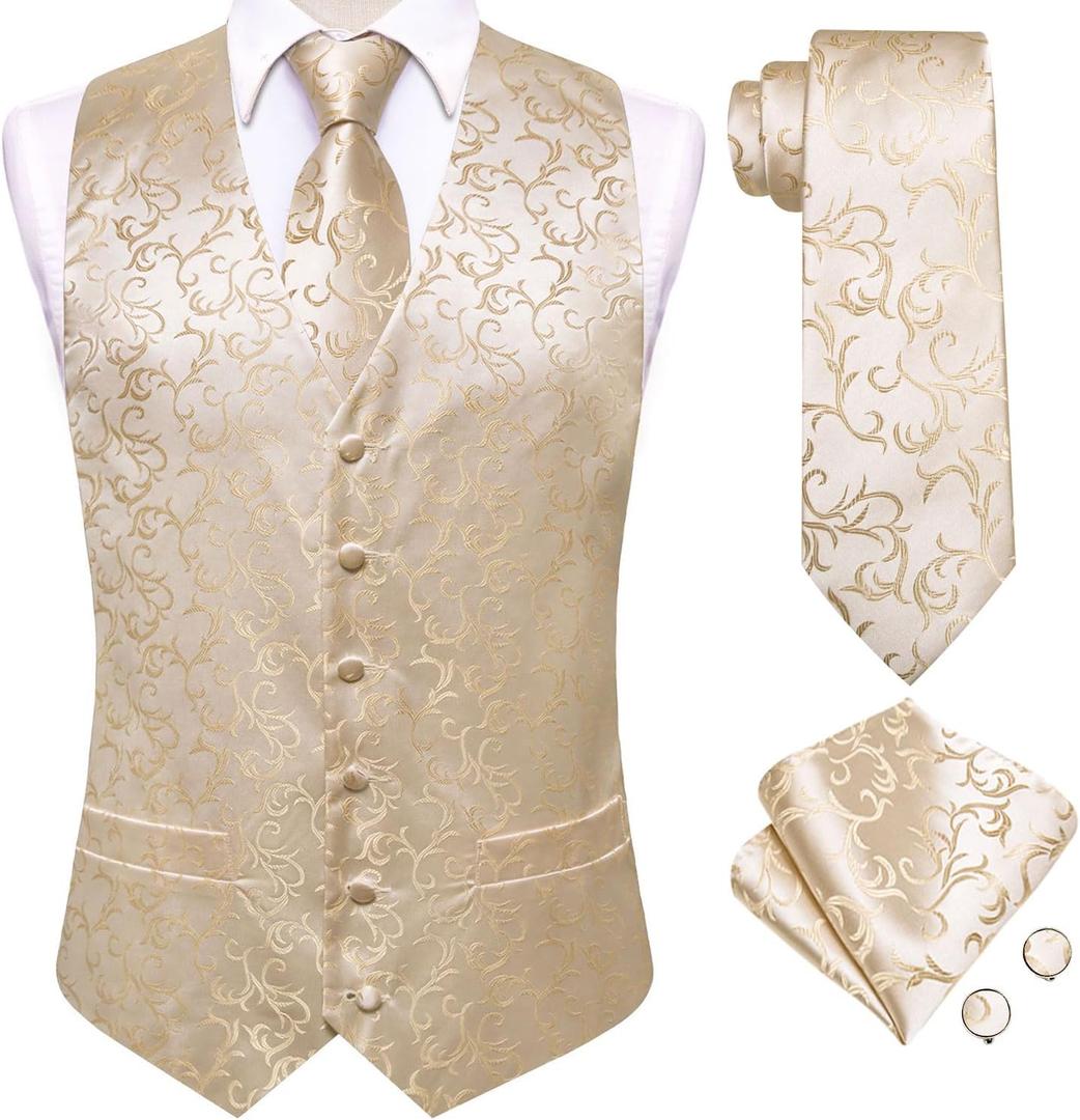 Dubulle Mens Suit Vest and Tie Set Paisley Floral Silk V-neck Waistcoats for Men with Necktie Wedding Tuxedo (Large, Beige)