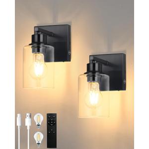 Battery Operated Wall Sconce Set of 2, Black Rechargeable Wall Lights with Timer Function, Easy Install Dimmable Wireless Wall Lamps Sconces Wall Decor for Living Room Bedroom Hallway, Emergency 3000K