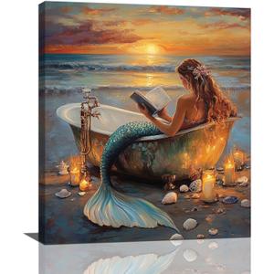 Mermaid Bathroom Wall Art, Mermaid Reading in Bathtubs Canvas Wall Decor, Rustic Coastal Sunset Framed Painting, Ocean Artwork for Living Room Bedroom 24L''  20W''