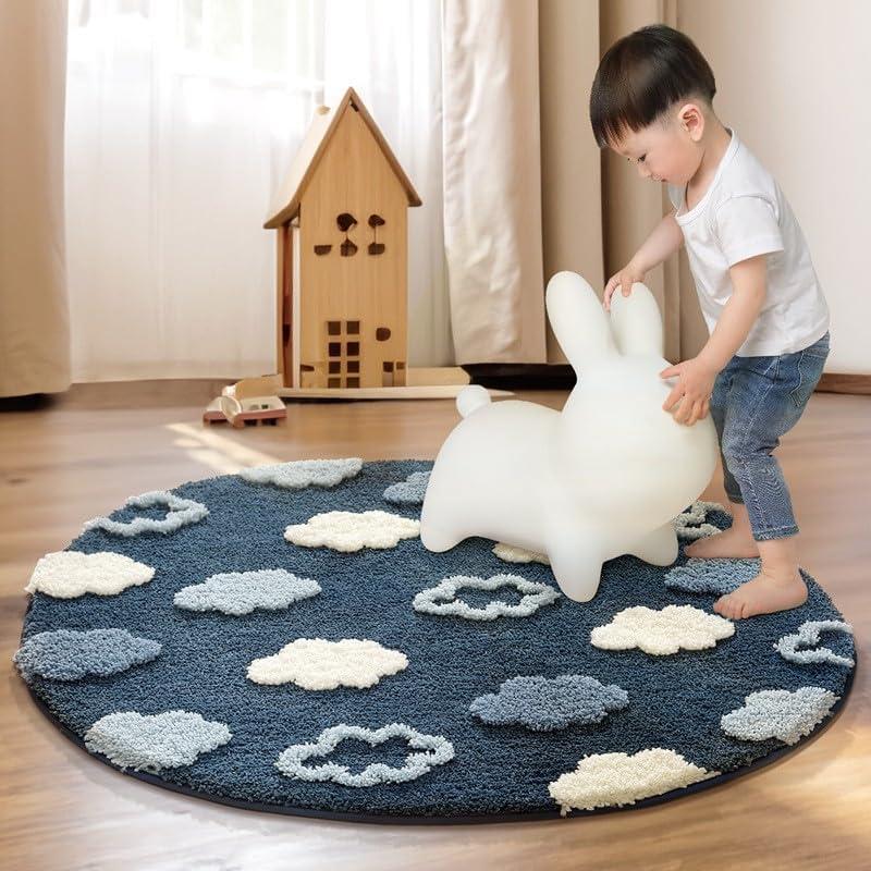 Poowe Kids Play Mat Baby Nursery Rug Round Educational Alphabet Soft Area Rug Non Slip for Children Toddlers Bedroom (Round 31.5", Navy Blue Clouds)