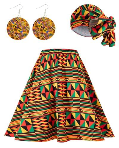 Women African Dashiki Skirt Casual Stretch Head Wrap Scarf Drop Dangle Earrings (Medium) Multicolored
