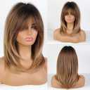 Alanhair Ombre Brown Wigs for Women, Shoulder-Length Layered Wigs with Bangs Heat Resistant Synthetic Fibre Wigs