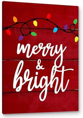 PHAMTE Merry And Bright Wall Art,Christmas Canvas Wall Art,Farmhouse Rustic Christmas Sign String Lights Red Festive Print Framed Canvas Painting Wall Art Home Room Bedroom Decor 16x24 Inch
