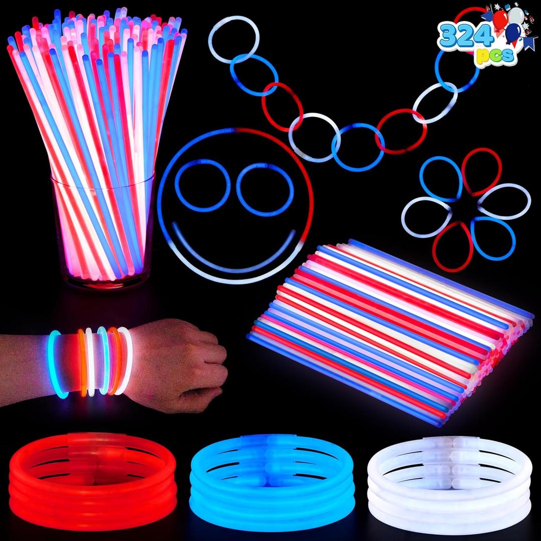 JOYIN 100 Pcs 4th of July Glow Sticks with Connectors, 8" Red White Blue Glow in the Dark Bracelets Necklaces for Kids Adults, Patriotic Light Up Toys for Independence Day Party Favor Accessory Supply