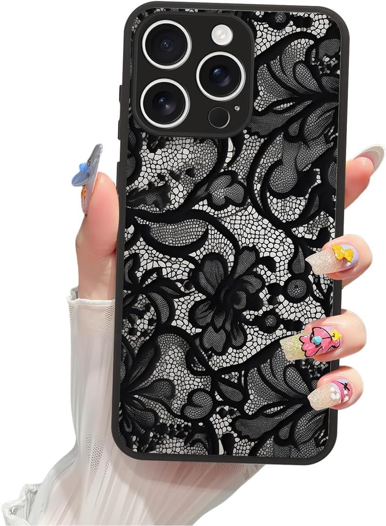 Magnetic Phone case for iPhone 16 Pro 6.3 Inch, Grade Protection & Wireless Charging - Aesthetic Lace Flower Pattern Phone Cover for Girls Women -Black Vintage Lace