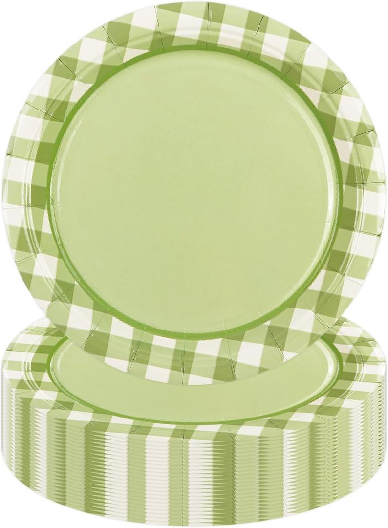 50PCS Sage Green Gingham Birthday Plates, 7 Inch Disposable Gingham Cake Plates Plaid Dessert Plates for Picnic Barbecue Baby Shower Wedding Birthday Party Decorations