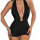 Floerns Women's Deep V Neck Halter Unitard Sleeveless Backless One Piece Short Jumpsuit Brown Large